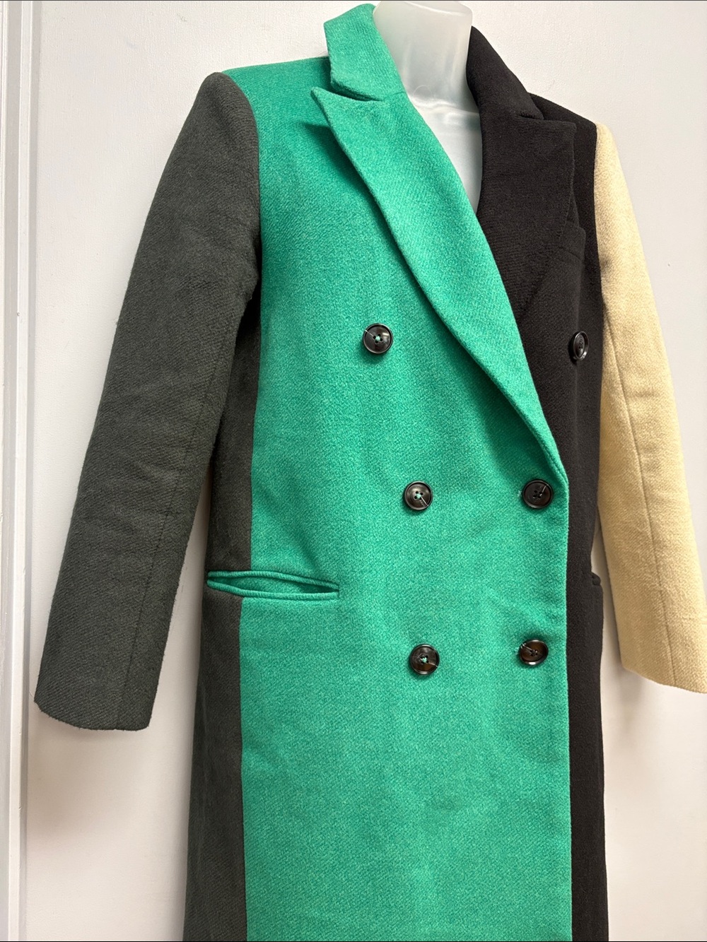 English Factory Colorblock Wool Blend Long Coat Green Black Cream S - Picture 5 of 15